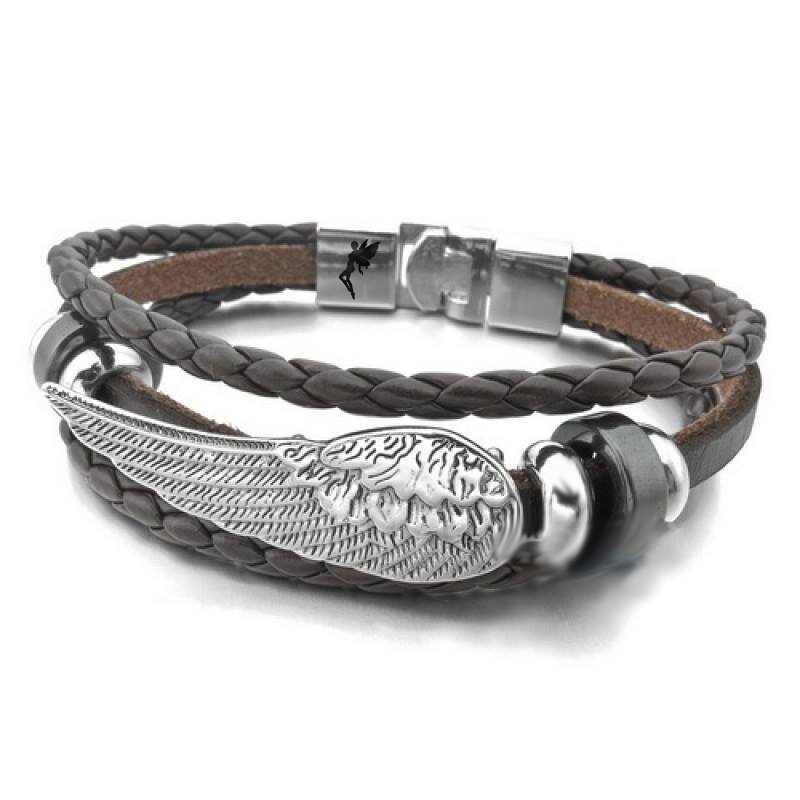 Armband Edelstahl Engelsflügel ECHT Leder dunkel braun im Organza Beu,  59,99 €