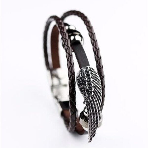 Armband Edelstahl Engelsflügel ECHT Leder dunkel braun...