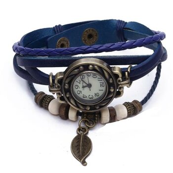 PU Leder Armbanduhr  Vintage Blatt  blau  im Organza Beutel