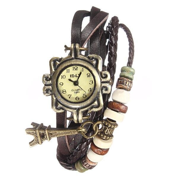 Leder Armbanduhr Eifelturm VINTAGE dunkel braun im Organza Beutel