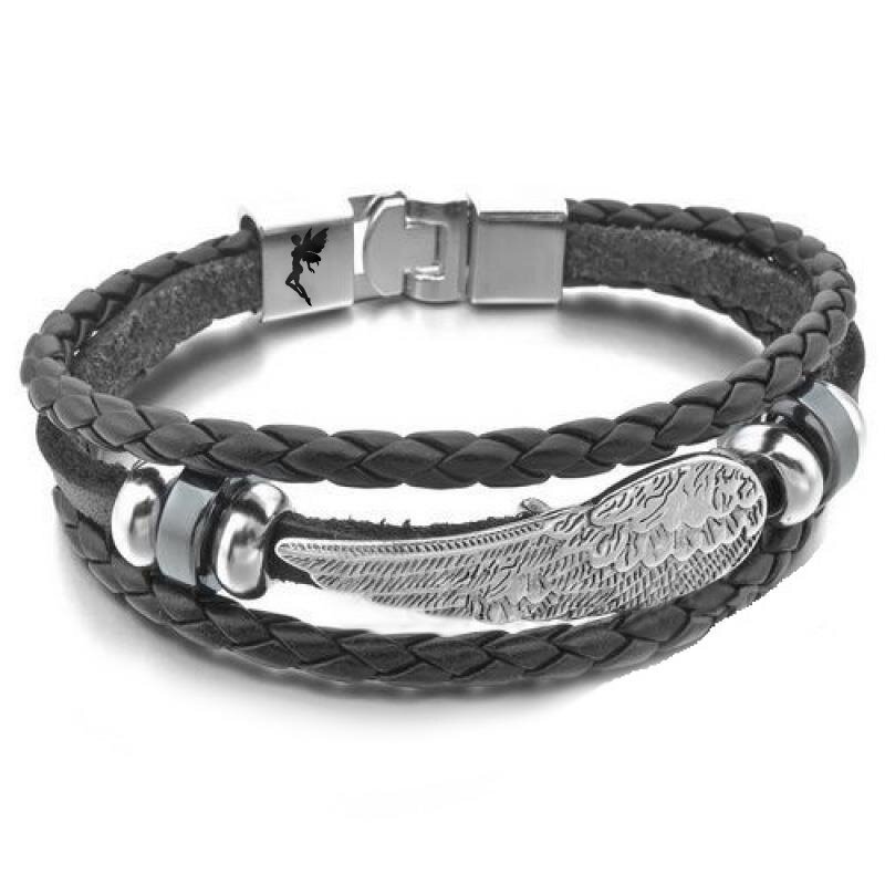 Armband Edelstahl Engelsflügel Echt Leder schwarz im Organza Beutel G,  59,99 €