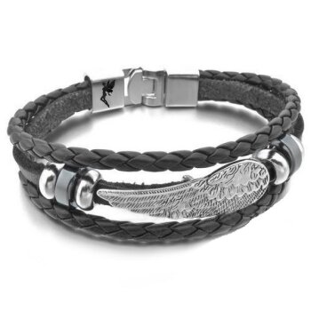 Armband Edelstahl Engelsflügel Echt Leder schwarz im...