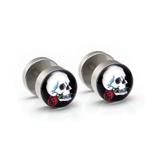 1 Fake Plug Totenkopf Rose  Edelstahl