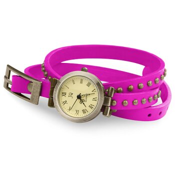 Wickel Leder Armbanduhr NIETEN magenda im Organza Beutel