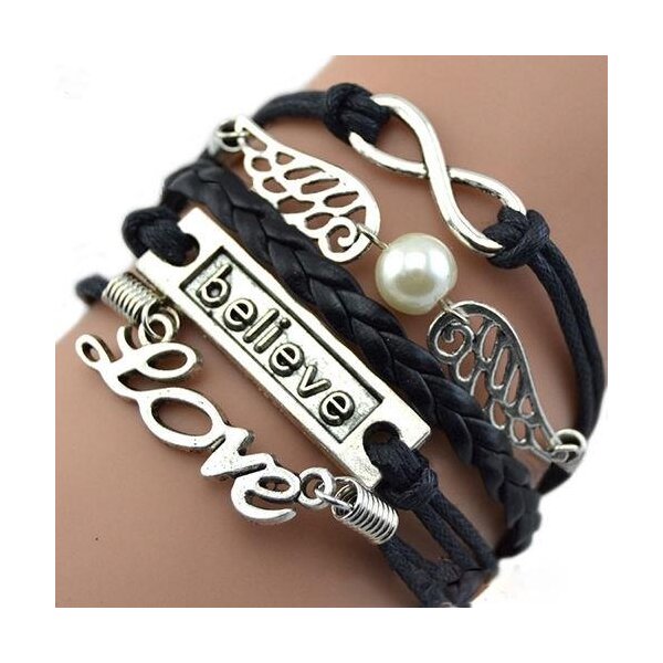 Armband Engelsflgel & BELIEVE schwarz mit Perle  im Organza Beutel