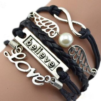 Armband Engelsflgel & BELIEVE schwarz mit Perle  im...