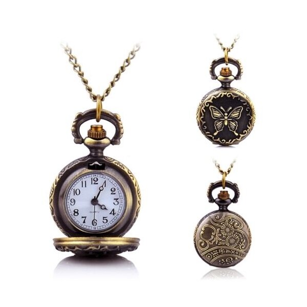 lange Kette mit runder Taschen Uhr Retro Butterfly im...