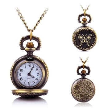 lange Kette mit runder Taschen Uhr Retro Butterfly  im weißen Organza Beutel
