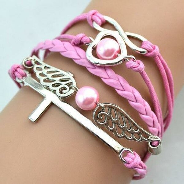 Armband Kreuz & Flügel mit Herz Perle rosa