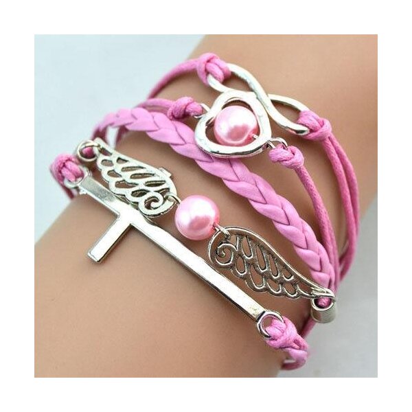 Armband Kreuz & Flgel mit Herz Perle rosa