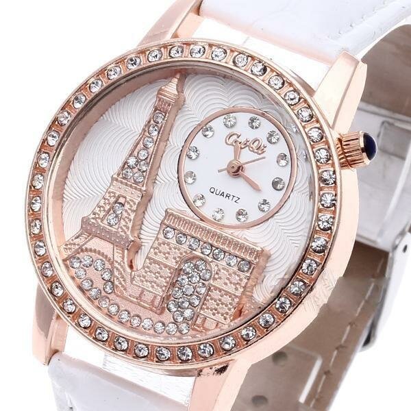 Damen Armbanduhr 3D Paris mit Strass  Rosegold weiß
