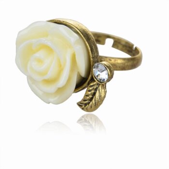 Ring Rosenblüte weiß mit Strass antik gold