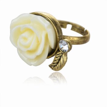 Ring  Rosenblte wei mit Strass antik gold