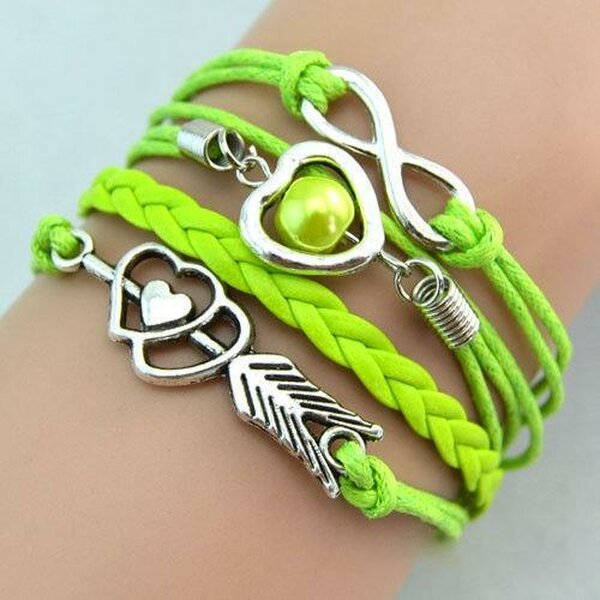 Armband Herz mit Pfeil & Infinity mit Perle kiwi grün