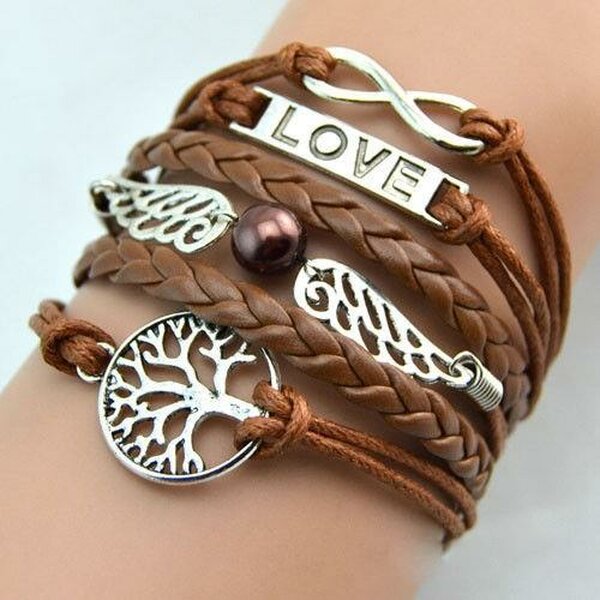 Armband Infinity Engelsflügel LOVE & Lebensbaum mit Perle caramel braun