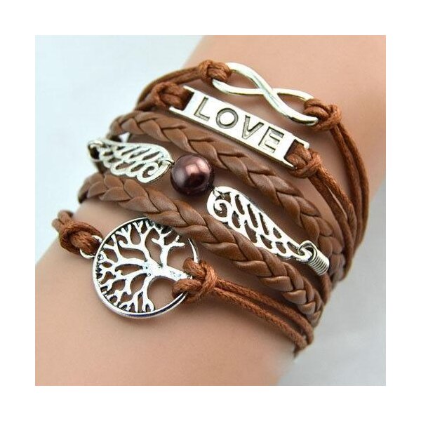 Armband Infinity Engelsflgel LOVE & Lebensbaum mit Perle caramel braun