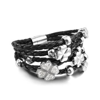 ECHT Lederarmband Glücksklee & Edelstahl Perlen mit Strass schwarz