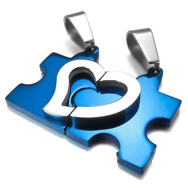Partnerketten Puzzle mit Herz blau  Edelstahl inkl. Ketten im Etui GRAVUR OPTION