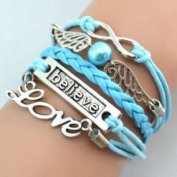 Armband Engelsflügel & BELIEVE himmelblau mit Perle