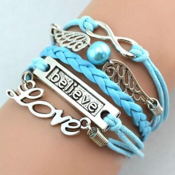 Armband Engelsflgel & BELIEVE himmelblau mit Perle