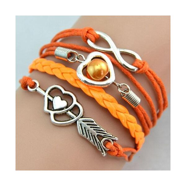 Armband Herz mit Pfeil & Infinity mit Perle orange   im Organza Beutel