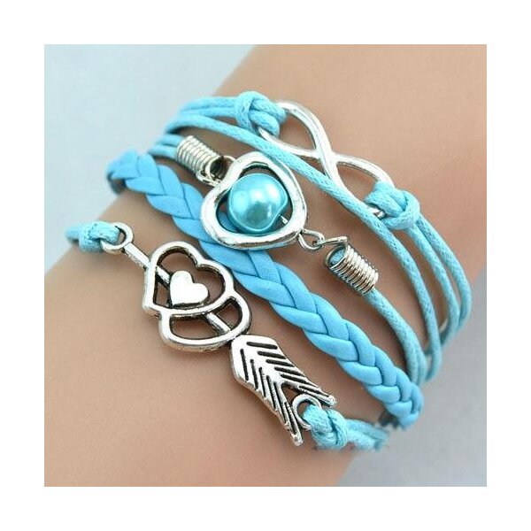 Armband Herz mit Pfeil & Infinity mit Perle himmelblau