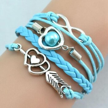Armband Herz mit Pfeil & Infinity mit Perle himmelblau