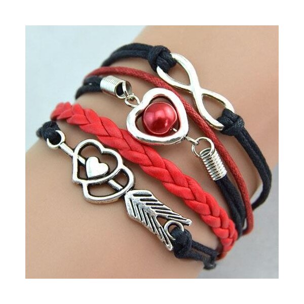 Armband Herz mit Pfeil & Infinity mit Perle schwarz rot