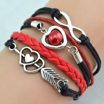 Armband Herz mit Pfeil & Infinity mit Perle schwarz rot