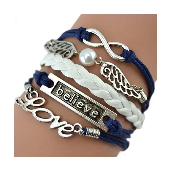 Armband Engelsflügel & BELIEVE blau weiß mit Perle