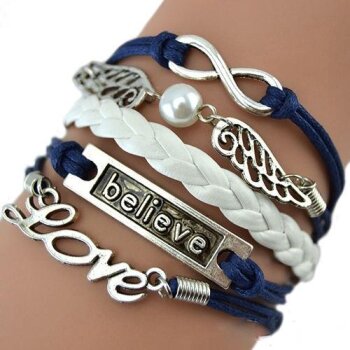 Armband Engelsflgel & BELIEVE blau wei mit Perle