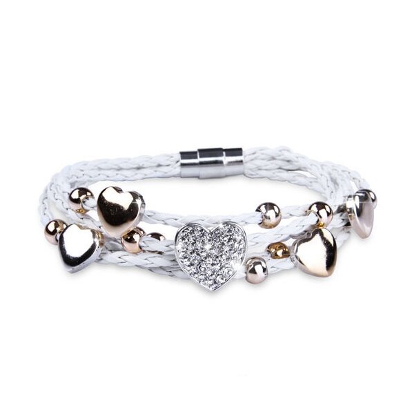 PU  Lederarmband weiß Herzen Gold & Silber Strass Herz  im Organza Beutel