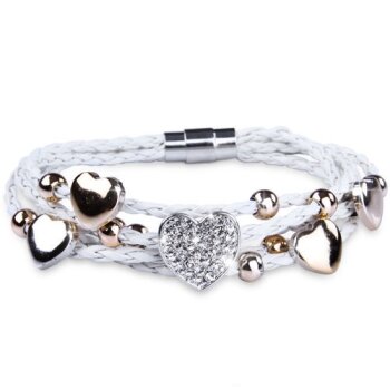 PU  Lederarmband wei Herzen Gold & Silber Strass Herz...