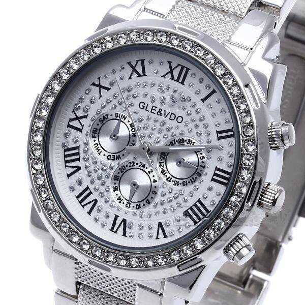 Damen Edelstahl Armbanduhr Silber Strass GLAM QUEEN