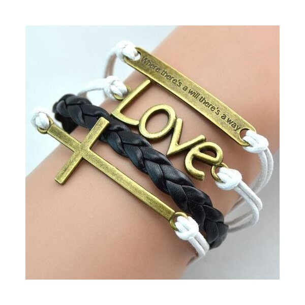 Armband LOVE KREUZ & Spruch schwarz wei