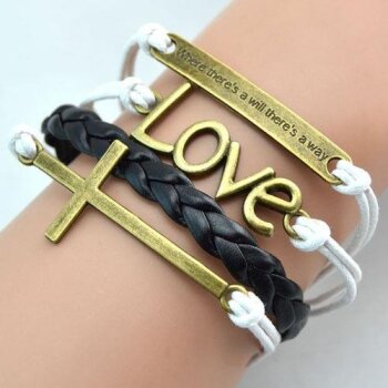 Armband LOVE KREUZ & Spruch schwarz wei