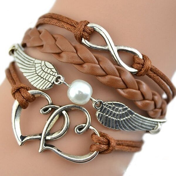 Armband Infinity Herzen & Flügel mit Perle caramel braun