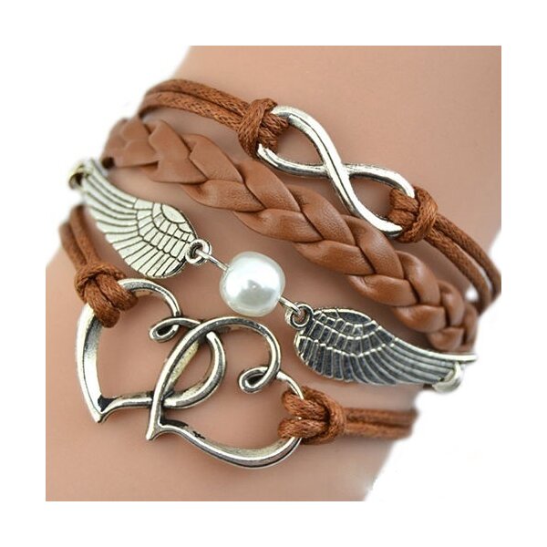 Armband Infinity Herzen & Flügel mit Perle caramel braun