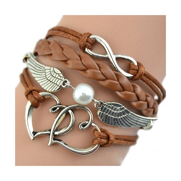 Armband Infinity Herzen & Flgel mit Perle caramel braun