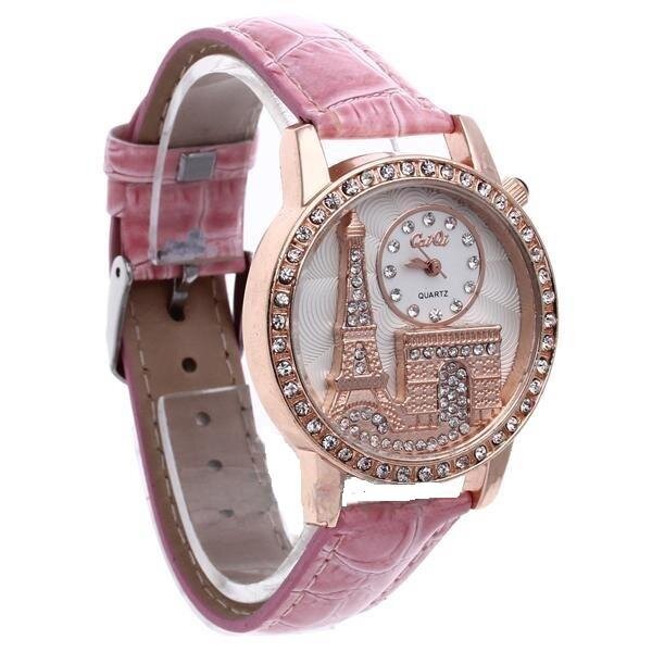 Damen Armbanduhr 3D Paris mit Strass  Rosegold rosa