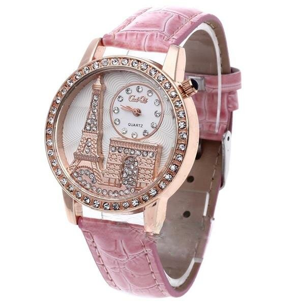Damen Armbanduhr 3D Paris mit Strass  Rosegold rosa