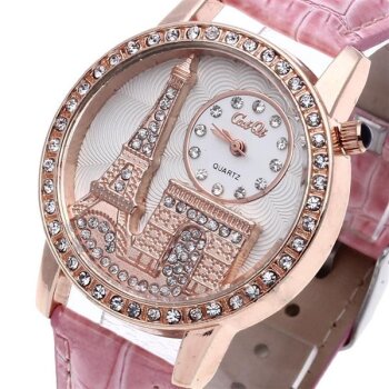 Damen Armbanduhr 3D Paris mit Strass Rosegold rosa