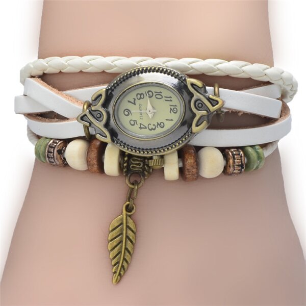 Leder Armbanduhr  VINTAGE  wei  im Organza Beutel