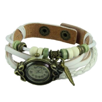 Leder Armbanduhr  VINTAGE  weiß  im Organza Beutel
