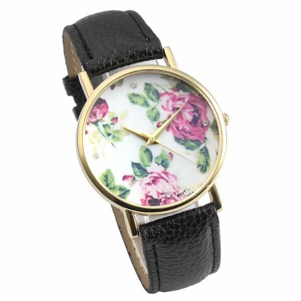 Damen Armbanduhr vintage Rosen mit Zirkonia Gelbgold PU Leder schwarz