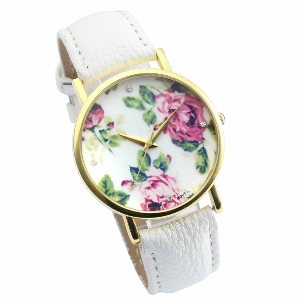 Damen Armbanduhr vintage Rosen mit Zirkonia Gelbgold PU Leder weiß
