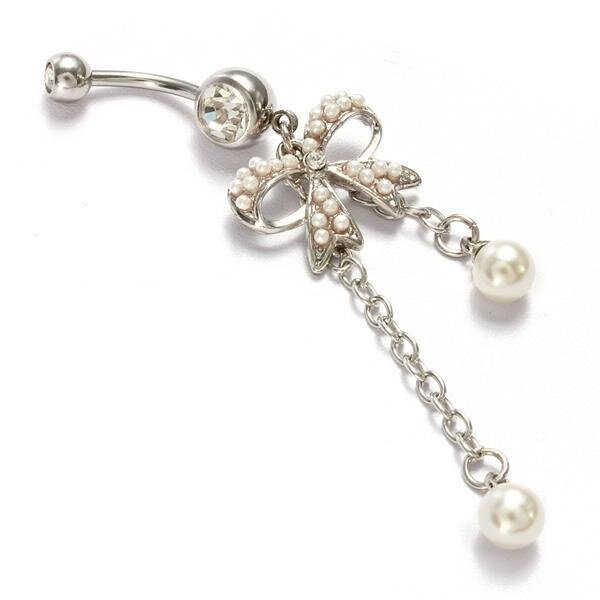 Bauchnabel Piercing weiße  Perle mit  Schleife 316 L  Chirurgen Stahl