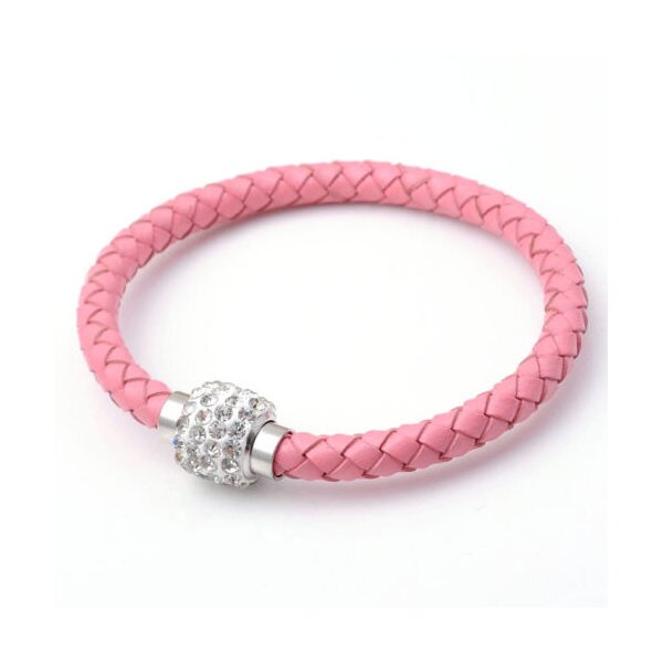 ECHT Lederarmband mit  Edelstahl STRASS  Magnet Verschluss rosa  im Schmuck Beutel