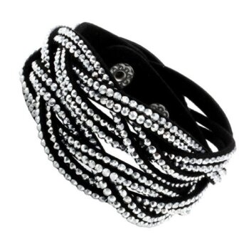 Wickel Lederarmband schwarz mit Strass weiß