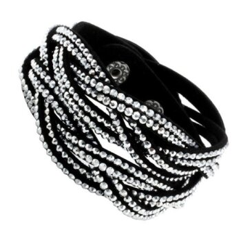 Wickel Lederarmband schwarz mit Strass wei